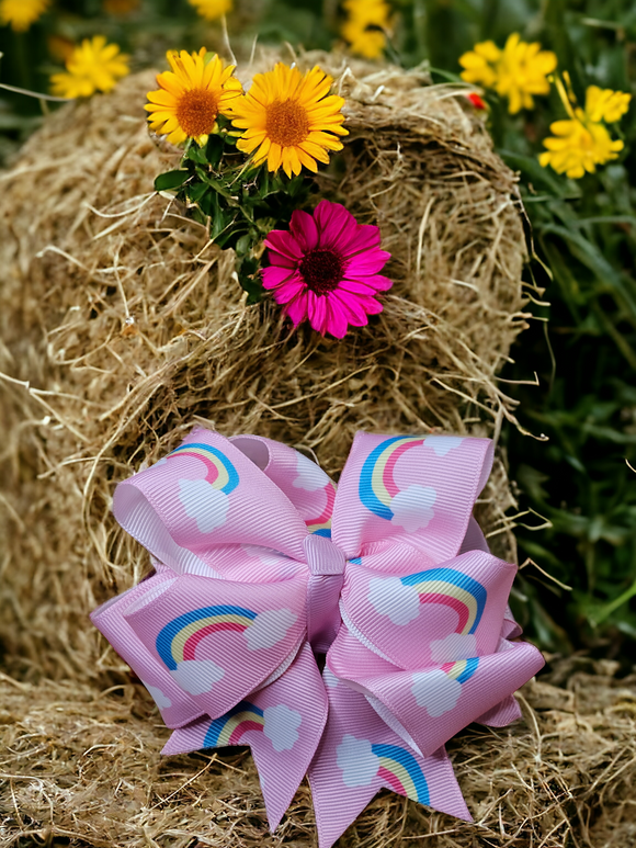 Kids Hair Bow - Pink with Rainbows