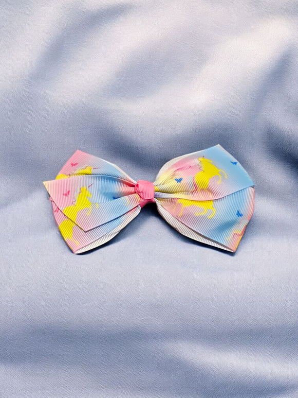 Kids Medium Hair bow - Rainbow & Yellow unicorns
