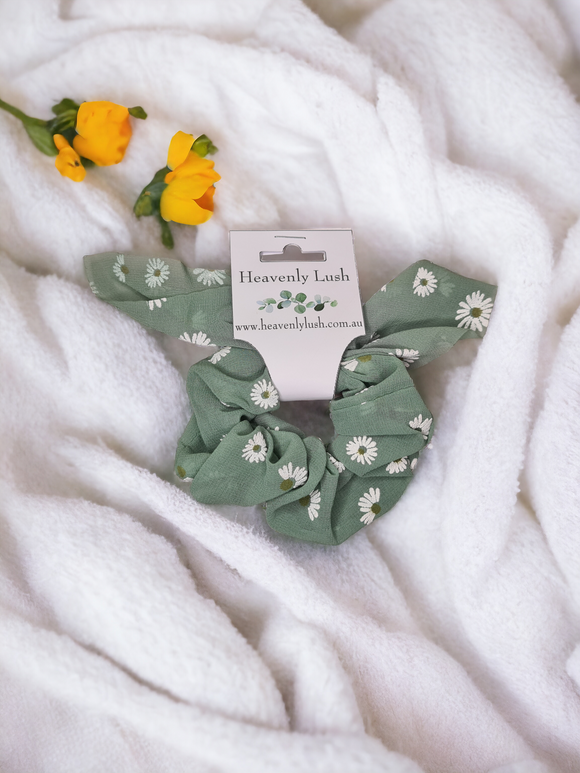 Bunny Ear Hair Scrunchie - Green with Flowers