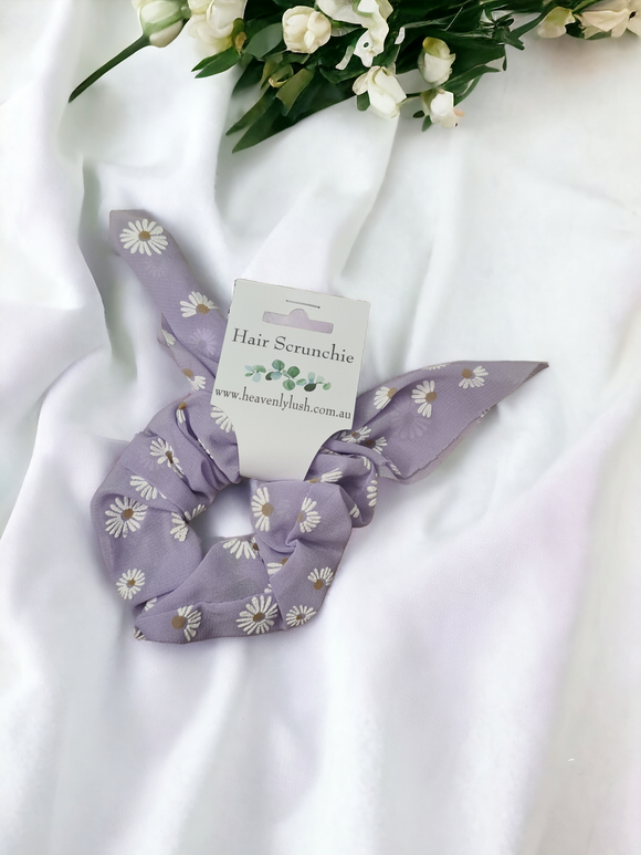Bunny Ear Hair Scrunchie - Pastel Purple with Flowers