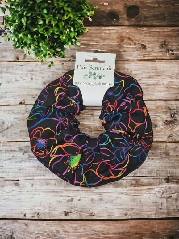 Extra Large Hair Scrunchie - Black with Neon Flowers ,(design 2)