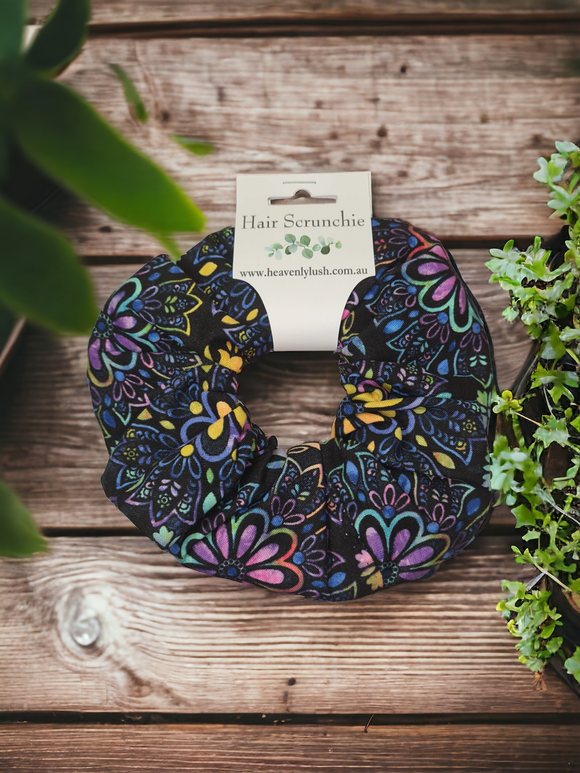 Extra Large Hair Scrunchie - Black with Neon Flowers (design 1)