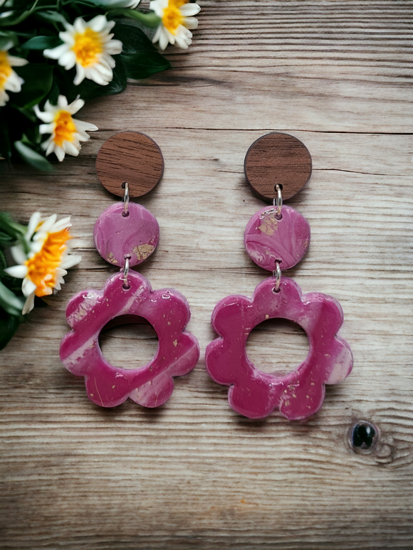 Pink & White marble with gold flecks - Round, Round Wood & Flower dangles