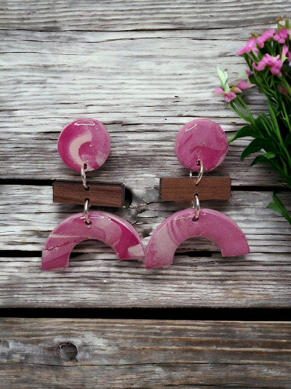 Pink & White marble with gold flecks - Round, rectangle Wood & Arch dangles