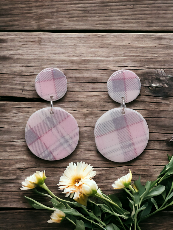 Pink Plaid design - Round Dangles