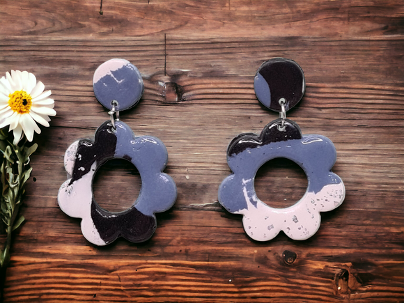 Flower Dangles - Navy Blue, White & Black with silver flakes