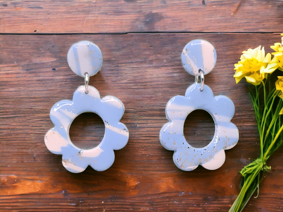 Flower Dangles - Blue & White with gold flakes