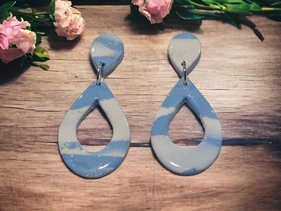 Raindrop Dangles - Blue & White with gold flakes