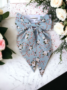 Floral Hair Bow - Blue with White & Pink flowers.