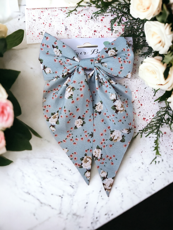 Floral Hair Bow - Blue with White & Pink flowers.