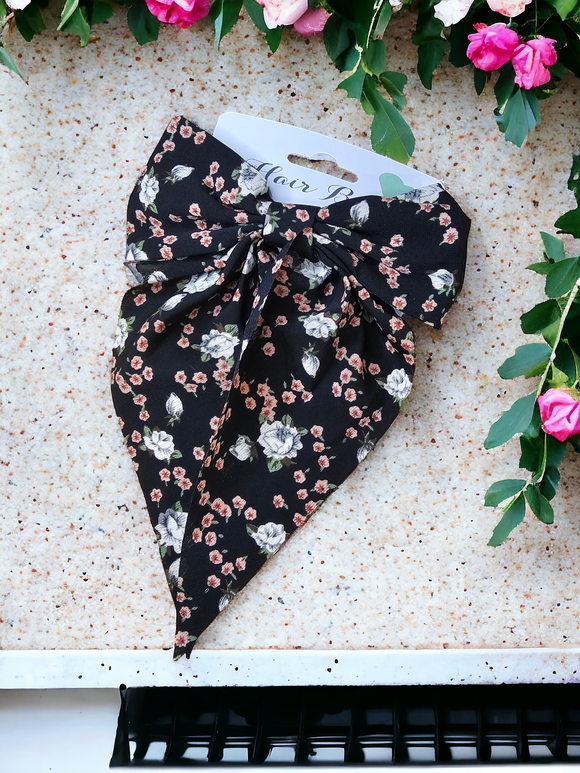 Floral Hair Bow - Black with flowers