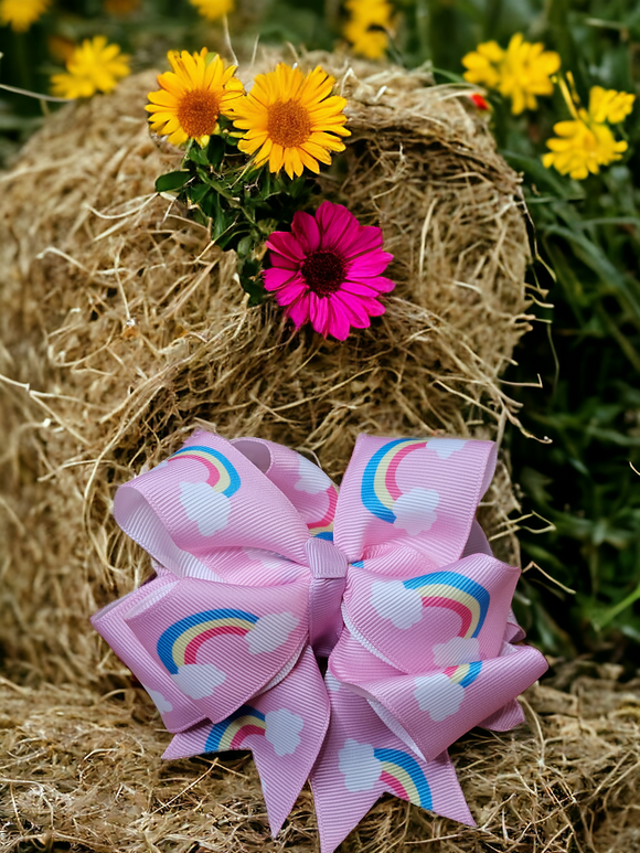 Kids Puffy Hair Bow - Pink with Rainbows