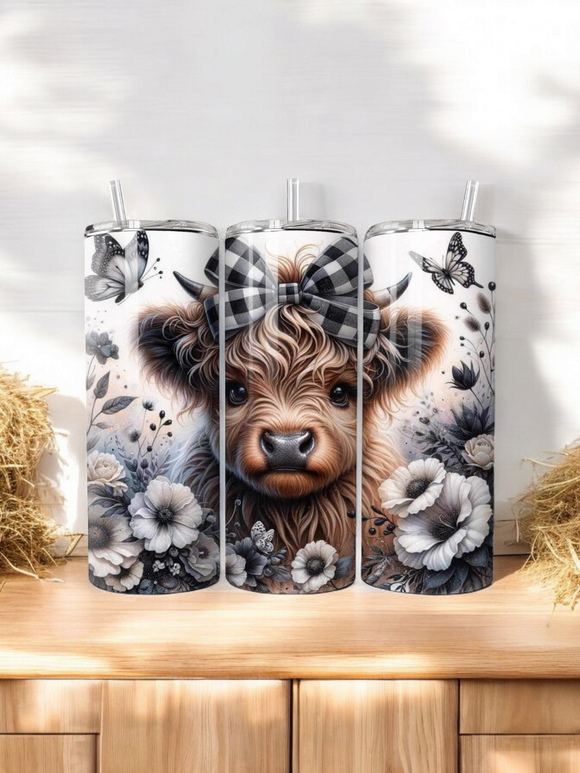 20oz - Black & white Highland Cow