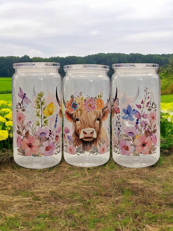 16oz Plastic Clear Tumbler - Highland Cow & Flowers
