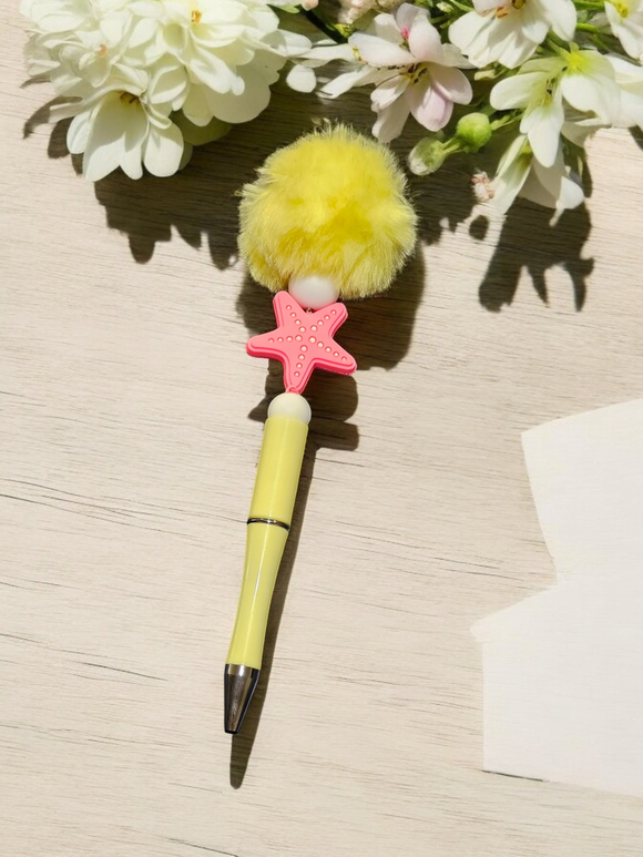 Yellow Pom Pom Beaded Pen - Pink Starfish