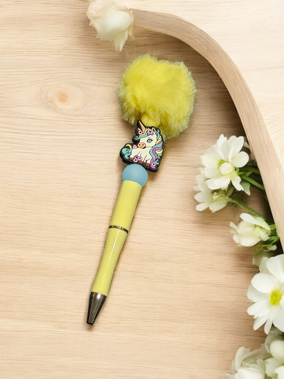 Yellow Pom Pom Beaded Pen - Unicorn