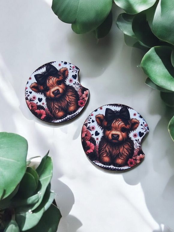Highland Cow with black bow - car coasters