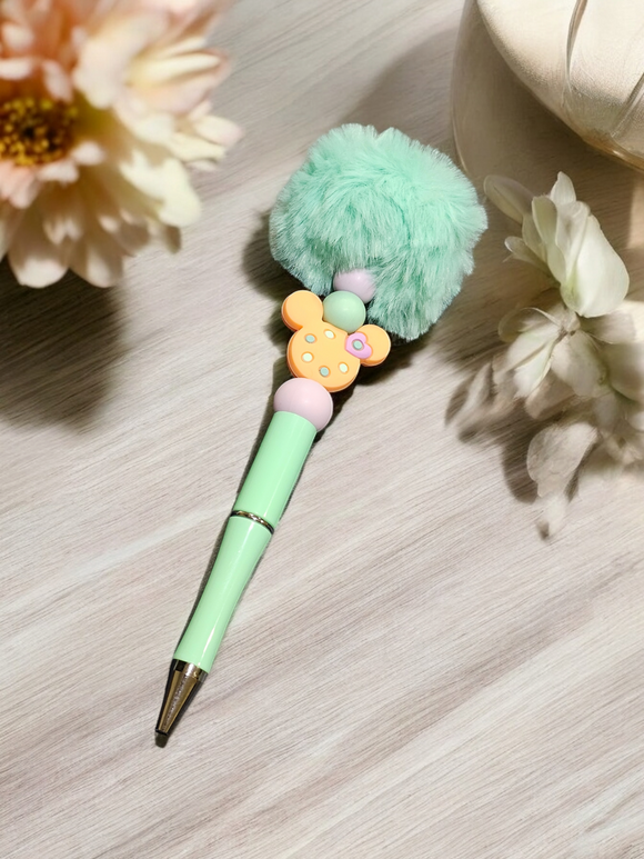 Mint Green Pom Pom Beaded Pen - Orange Mouse Head