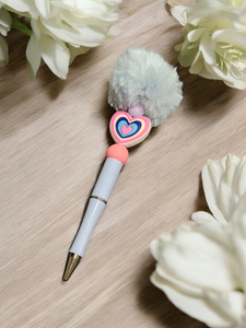 Light Blue/Purple Pom Pom Beaded Pen - Heart