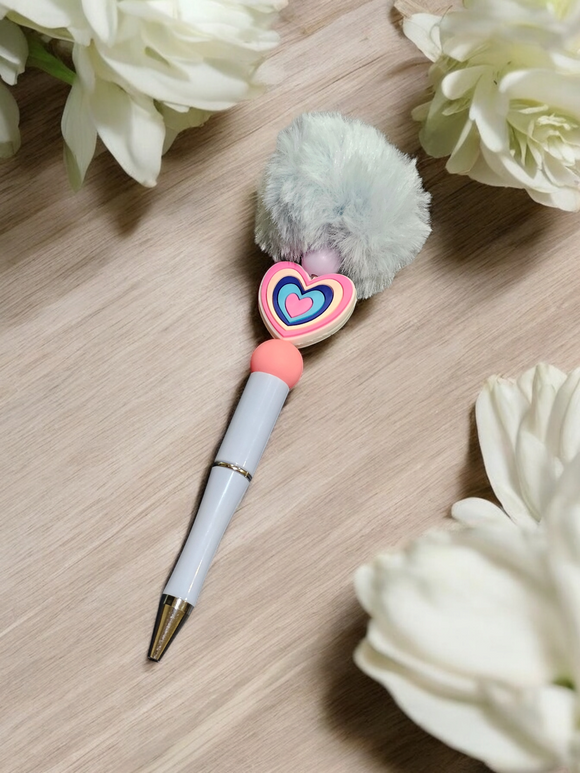 Light Blue/Purple Pom Pom Beaded Pen - Heart