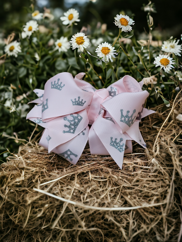 Kids Puffy Hair Bow - Pink with Silver Crown