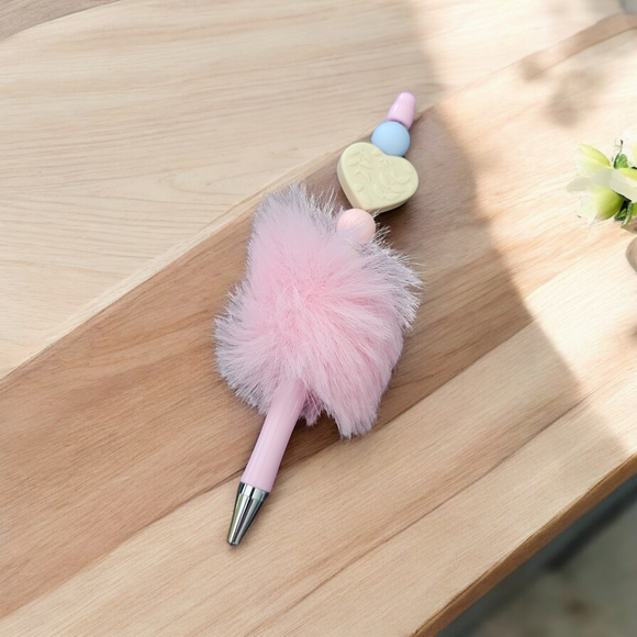 Fluffy Beaded Pen - Cream Heart