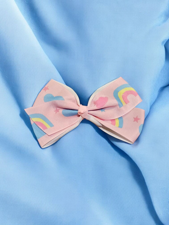 Kids Medium Hair bow - pink with rainbows